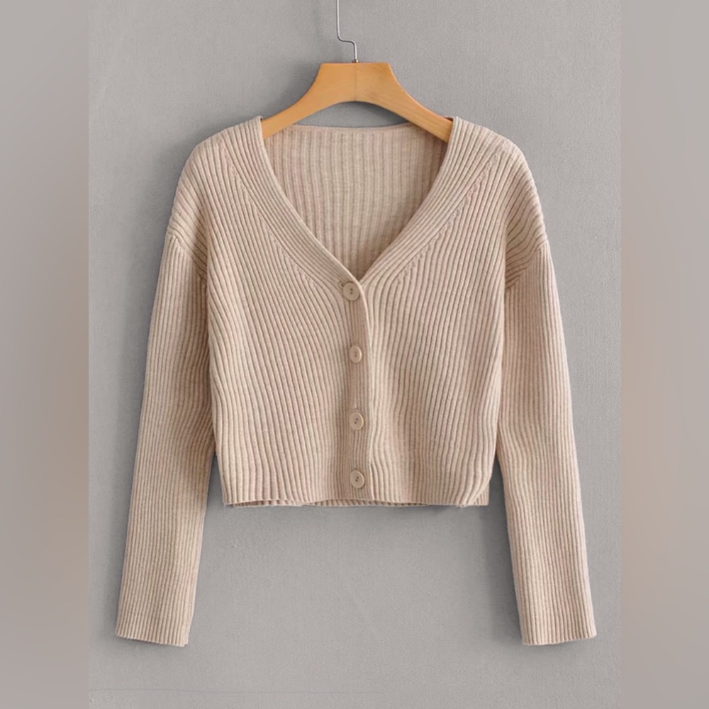 Shein Button Front Rib-knit Solid Cardigan